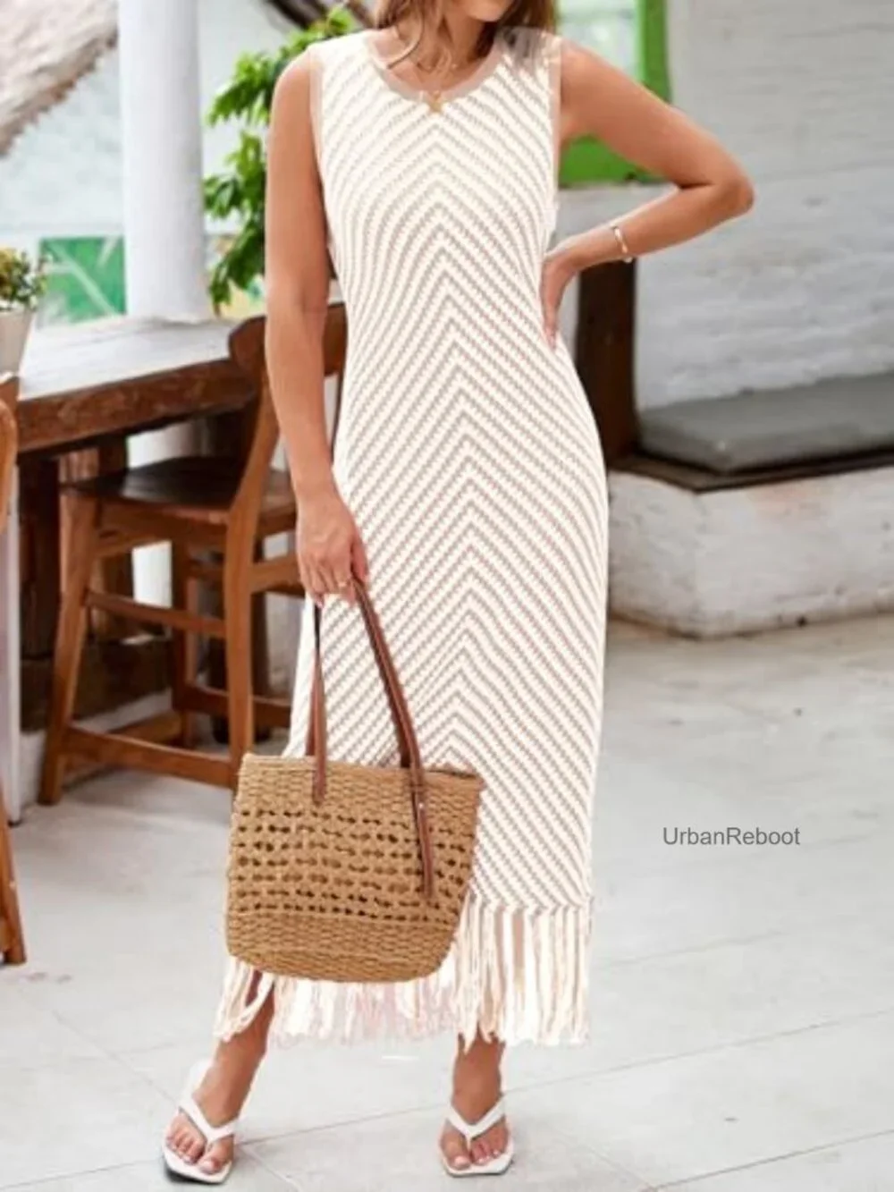 Women's Crochet Knit Fringe Striped Sleeveless Maxi Dress Bohemian Summer